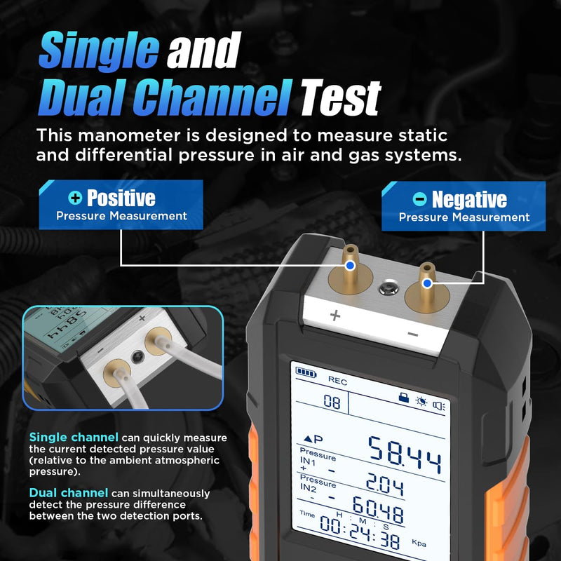 Manometer HVAC Gas Pressure Tester Dual Port Digital Manometer -14.65~29psi Differential Pressure Gauge with 10 Units, 7 Adapters, 29 Sets Data Storage&Hold, 2.8-in Backlit Display Air Pressure Meter Pro