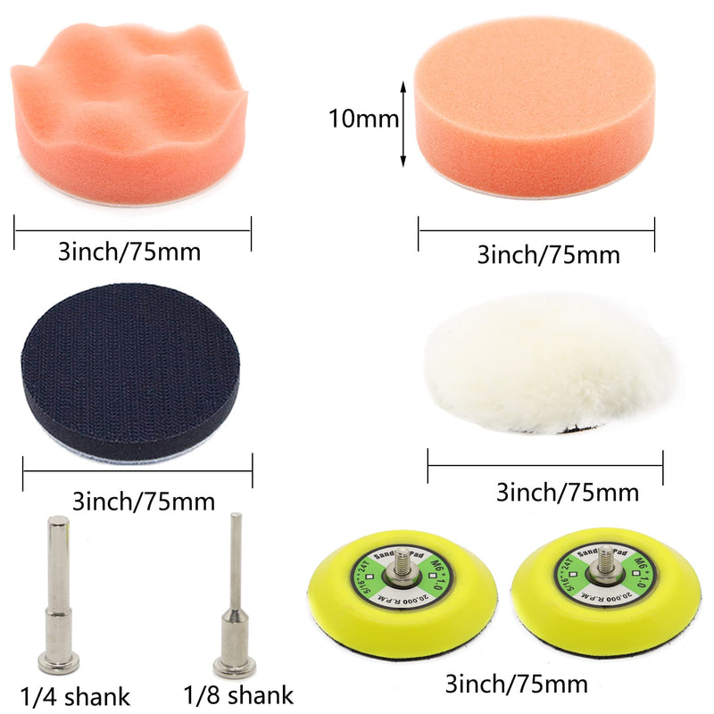 3 Inch Sandpaper Grit 60-10000 Wet Dry Sander Sheets with 1/8"&1/4"Shank Backer Plate and Soft Foam Buffering Pad Grinding Abrasive Sponge Sanding Disc Pad Kit for Wood Metal Mirror Jewelry Car 128pcs 3inch 60-10000Grit