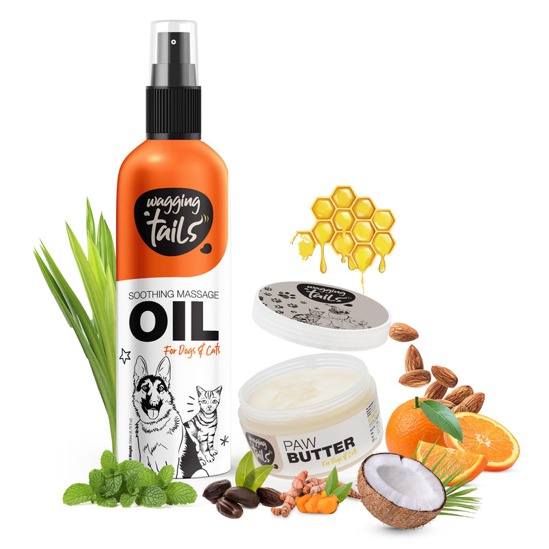 Wagging Tails Pet Care Bundle: 6-in-1 Soothing Oil & Paw Butter for Dogs & Cats | Natural Ingredients for Coat Shine, Softness, and Healing Paws | Includes Coconut Oil, Vitamin E, Turmeric