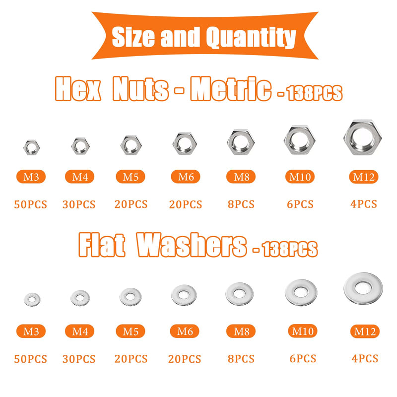 Dianrui 276PCS Metric Hex Nuts Assortment Kit with Flat Washers, 7 Size Nuts and Flat Washer Set (M3 M4 M5 M6 M8 M10 M12) 304 Stainless Steel Hardware Hex Nut for Screw Bolt 276PCS Metric Kit (M3—M12)