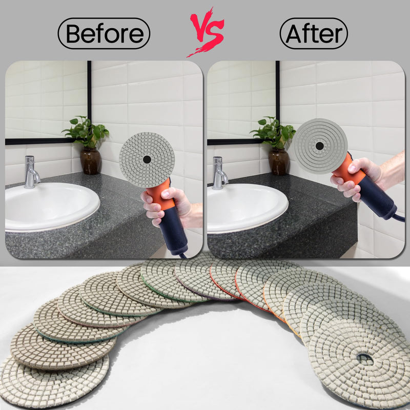 4 Inch Diamond Polishing Pads,16 Pack Wet/Dry Polish Pad Kit with 5/8’’-11 Backer Pad for Drill, Grinder, Polisher,30-8000 Grit Pads for Granite Marble Concrete Stone Quartz 16 Pack