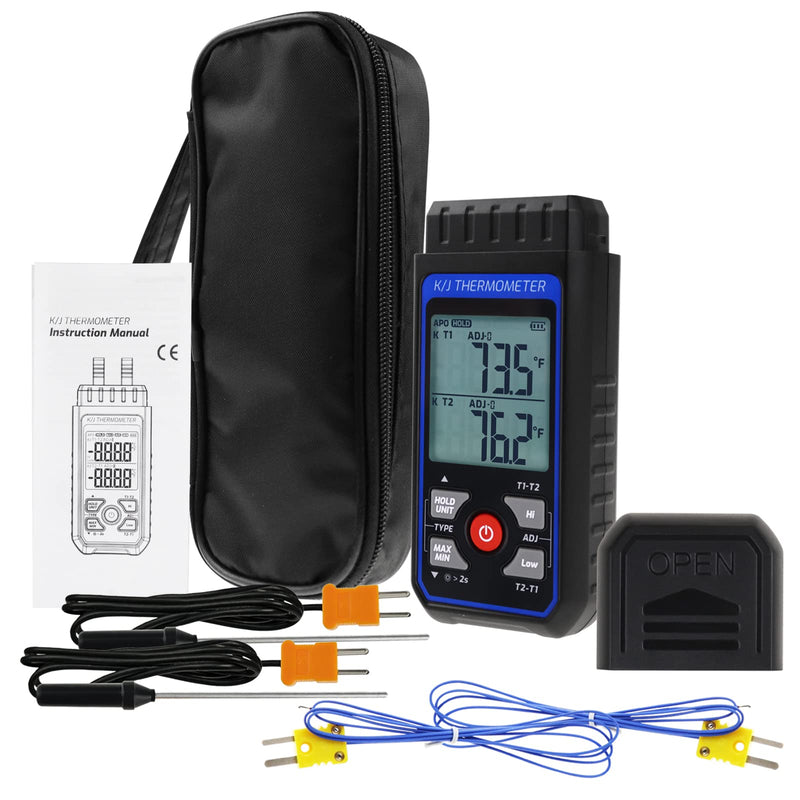 Thermocouple Thermometer Digital Dual Channels K/J Type Thermometer with 4 K-Type Thermocouples, -328~2501℉ Measuring Range Temperature Meter HVAC Thermometer with Alarm & ADJ Compensation Digital 2 Channels Thermometer