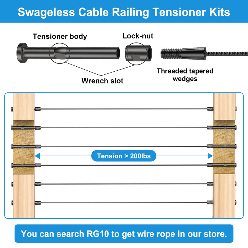 20 Pack Swageless Cable Railing Tensioner Kits for 3/16" Wire Rope Black 3/16" 20