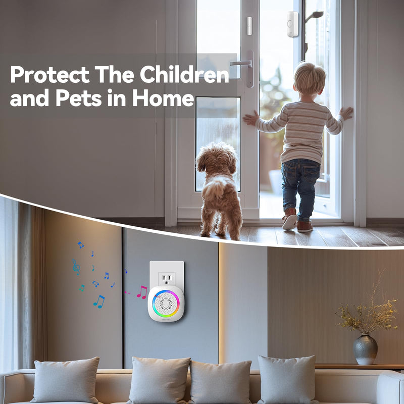 TECKNET Door Chime When Door Opens, Wireless Door Sensor Alarm Chime with 1000Ft Range, 61 Songs, 5 Volume Levels, RGB Light, Door Bells Chimes for Business/Store/Home/Office Entry Security Alarm 1 Receiver+1 Sensor White