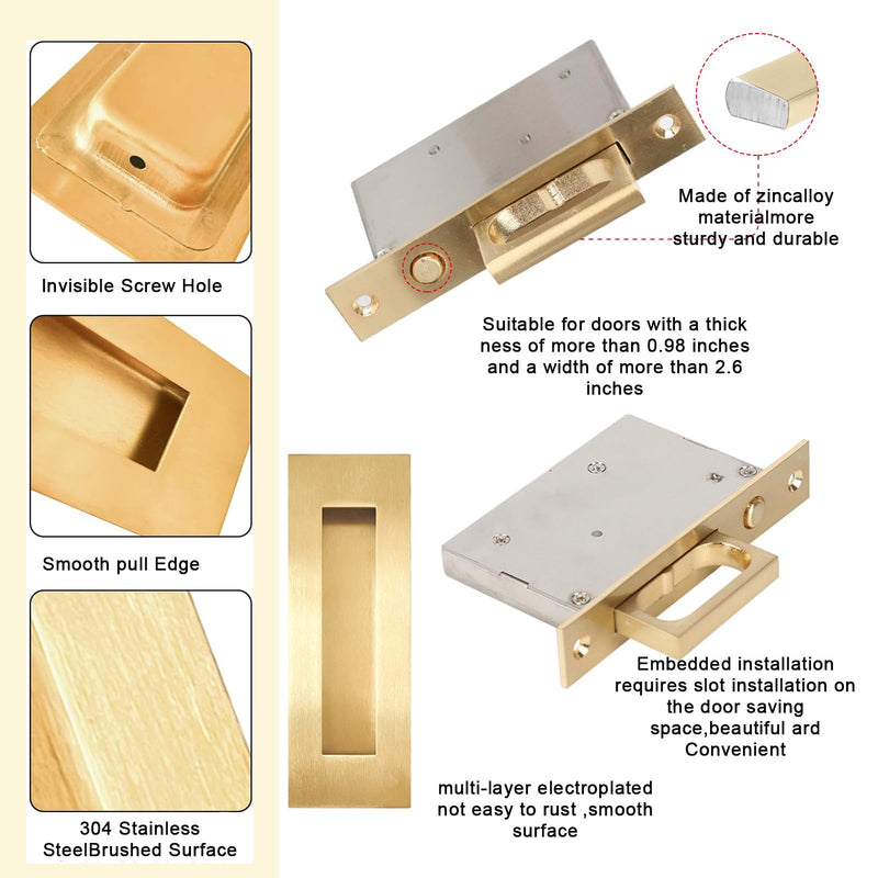 Pocket Door Hardware,Recessed Finger Flush Pulls with Edge Pull,Sliding Pocket Door Handles,Heavy Duty Edge Pull with Pop Out Ring Pull (Gold, 4.72Inch) 4.72inch-Gold