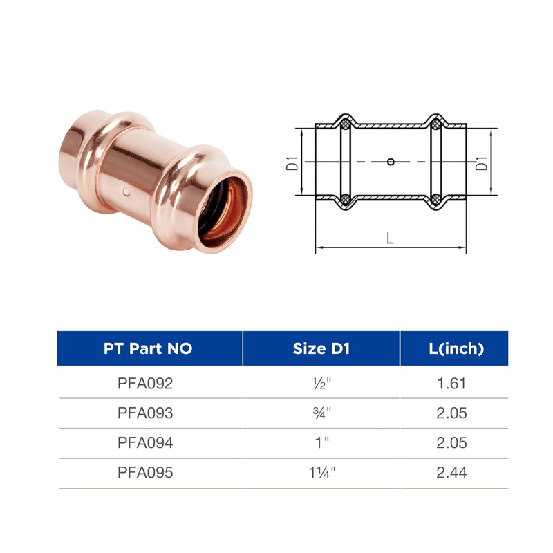 Copper Press Fittings 1/2 inch Coupling with Stop Zero Lead P x P, 10-Pack Coupling with Stop 1/2" x 1/2"