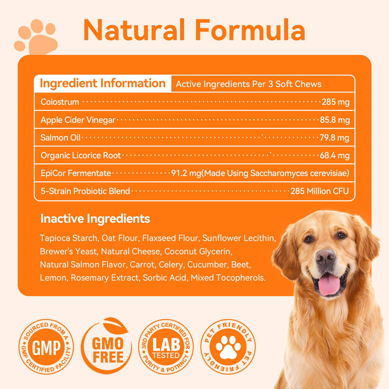 Dog Allergy Chews 200ct, Dogs Allergy Relief Chews for Paw Licking Itchy Skin Coat Supplement, Dog Itching Relief with Probiotics Colostrum for Dry Skin Itching Licking Seasonal Allergies Salmon