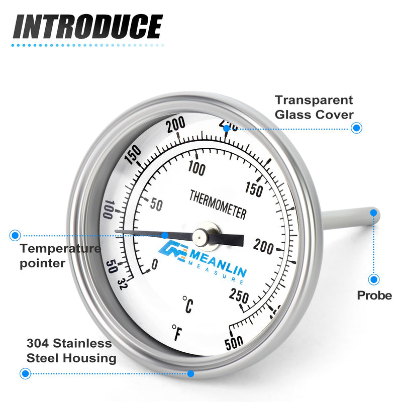 MEANLIN MEASURE 2PCS 1/2" NPT Bimetal Thermometer, 3" Dial, 4.3" Stainless Steel Stem, Accuracy 2%, Center Back Mount, Temperature Range 50-500°F/0-250°C for Hot Water, Boilers and Pipes 4.3" Rod (Center Back Mount)