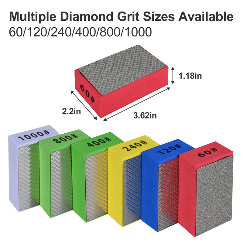 6pcs Diamond Hand Polishing Pads Foam Backing Sanding Blocks, Diamond Polishing Pads for Ceramic Tile Glass Wood Marble Grinding, Diamond Sanding Pads 60#,120#,240#,400#,800#,1000# 6PCS