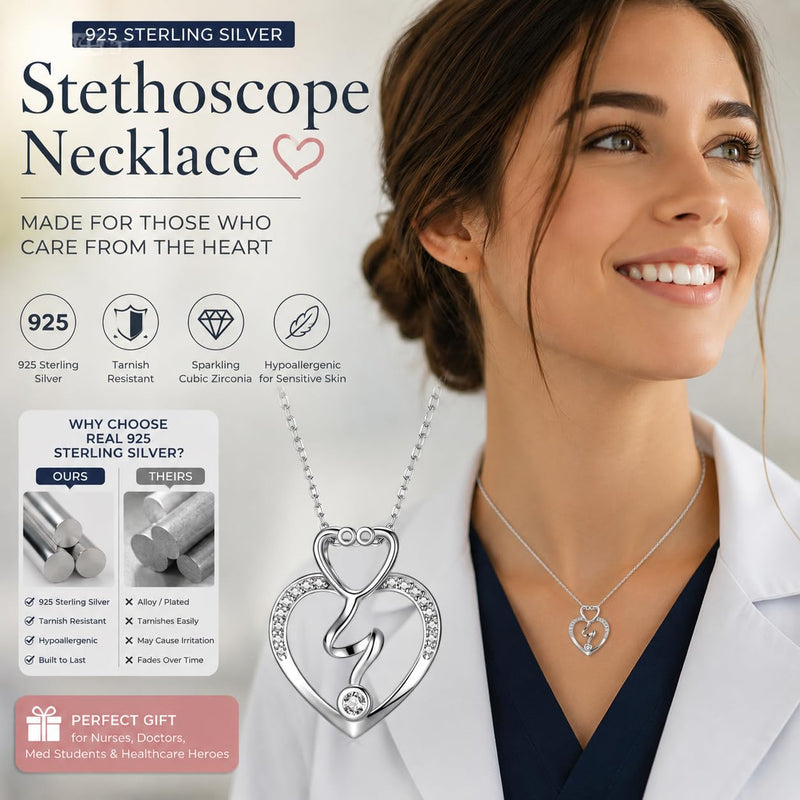 Nurse Gifts Stethoscope Necklace for Women 925 Sterling Silver Stethoscope Pendant Necklaces Nurse Jewelry Gifts for Women