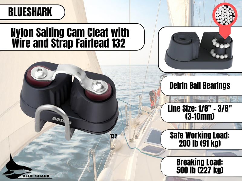 BLUESHARK Nylon Sailing Cam Cleat with Wire and Strap Fairlead 132 | for Line Sizes 1/8" in - 3/8" in (3-10 mm) | 200 lb Safe Working Load 500 lb Breaking Load | Premium Quality 2 Pack