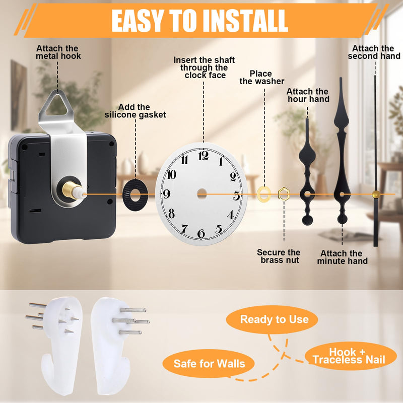 16 Pack Quartz Clock Movement Mechanism Kit, Silent Sweep Non-Ticking, 20mm Total Shaft (11mm Thread) Fits 3–6mm Dials, 16 Hand Styles, Hanging Hooks & Traceless Nails, DIY Wall Clock Repair 16-pack
