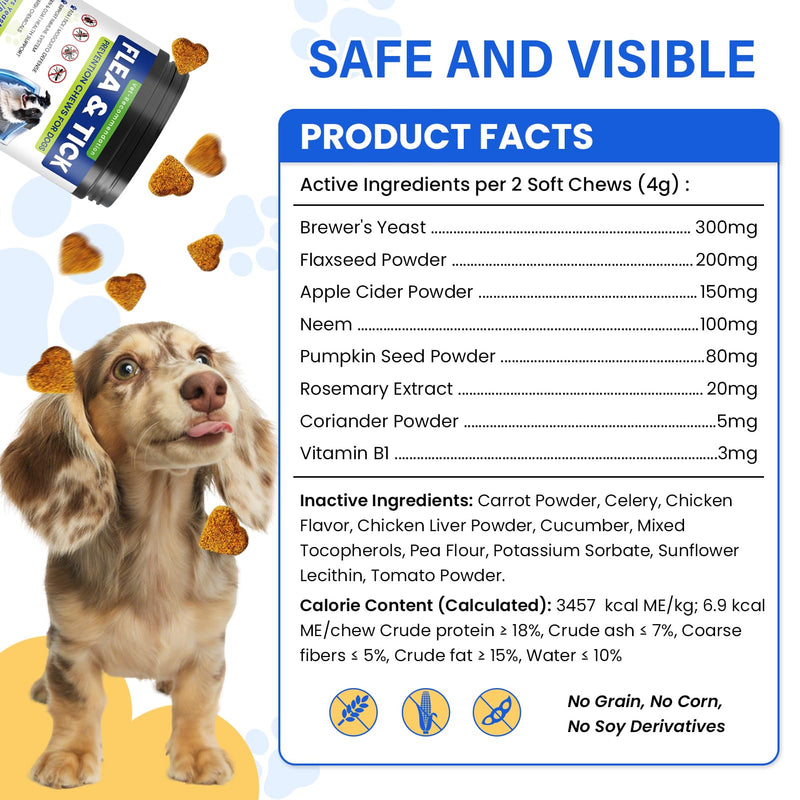 Flea and Tick Protection for Dogs-200 Natural Soft Chewable Fleas Ticks Pests Defense Supplement Supports Skin Coat Immune Health-Daily Oral Flea Tick Treatment All Breeds Ages-Chicken