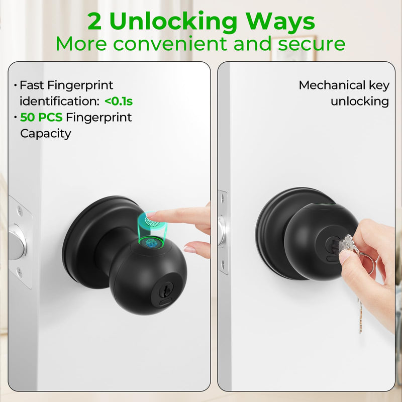 FITNATE Fingerprint Door Lock, Smart Fingerprint Door Knob, Biometric Door Lock Keyless Entry Door Knob for Bedroom, Apartment, Hotel, Office