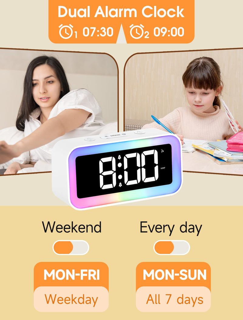 Cadmos Loud Alarm Clock for Bedrooms with Dynamic RGB Night Light,Heavy Sleepers Adults,Dual Alarm,Dimmer,USB Charger,Small Bedside Digital Clock with Led Display for Kids,Teens,Seniors (White) White