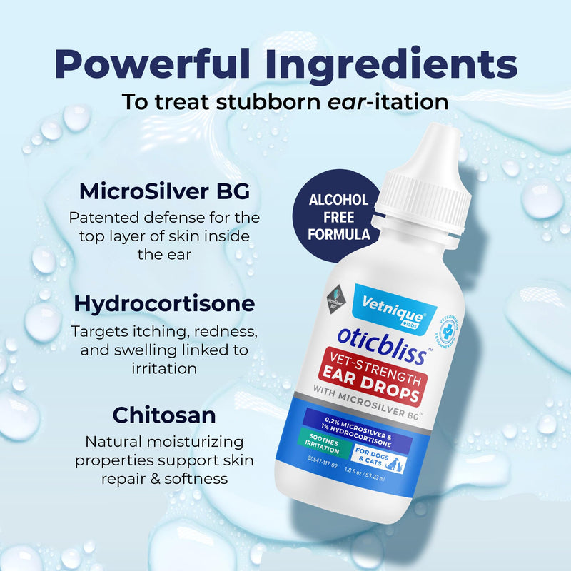 Vetnique Oticbliss Cat & Dog Ear Infection Treatment Drops - with 1% Hydrocortisone & MicroSilver BG for Dog Yeast Ear Infections - Vet Recommended Cat & Dog Ear Cleaner for Itchy Ear Relief MicroSilver Drops 1.8oz - PawsPlanet Australia