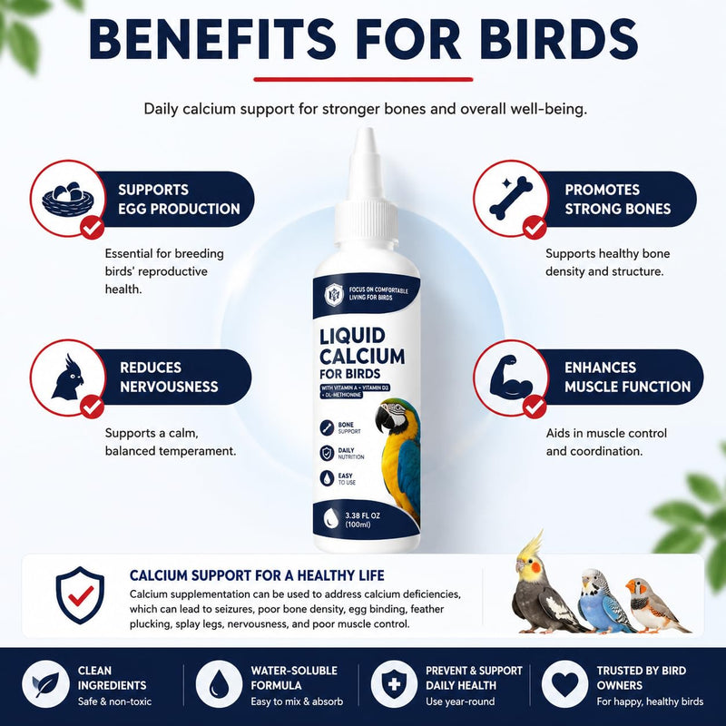 Liquid Calcium for Birds, Calcium Drops with Vitamin D3 for Parrots, Cockatiels & Budgies, Bird Calcium Supplement for Strong Bones, Healthy Feathers & Daily Nutrition, 3.38 FL OZ