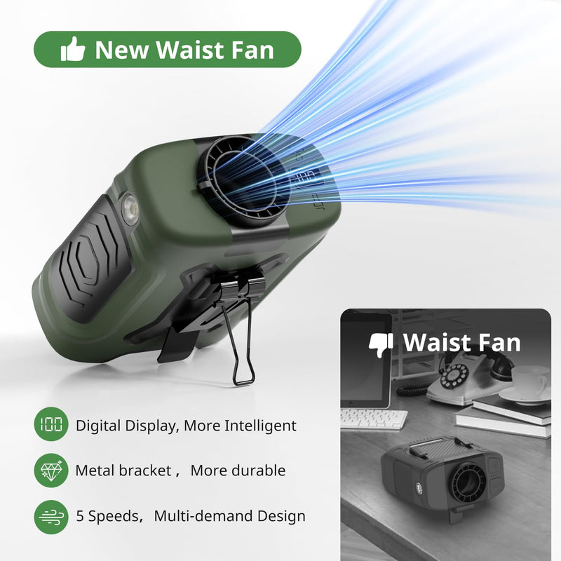 Portable Waist Fan 10000mAh Portable Waist Fan 18000RPM Neck Fan With Max 12H Working Time 5 Speeds adjustment with LED flashlight and Charging display Cooling for Outdoor Jobsite and etc(Green) Green