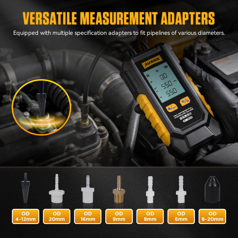 AUTOOL PT503 Mini Differential Pressure Gauge, Manometer Gas Pressure Tester with Dual Port Manometer, HVAC Gas & Air Pressure Tester, -101 to 200 kPa Range,6 Units, Digital Manometer with Data Lock