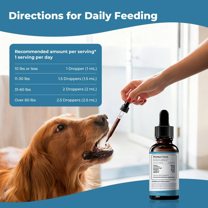 Taurine Supplement for Dogs Liquid Drops, Dog Taurine with Coenzyme Q10 & L-Carnitine, Supports Heart Function, Energy & Daily Vitality, 2 fl oz 60 ml (Pack of 1)