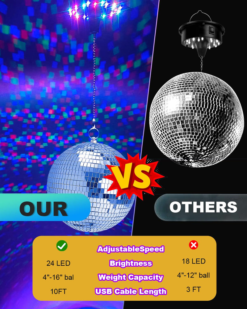 Disco Ball Motor with Lights with Remote, Palujorty 5 RPM-9 RPM 24 LED Mirror Ball Motor with Lights for 4" 6" 8" 12" Balls for Party(USB/Battery Powered) disco ball motor with remote