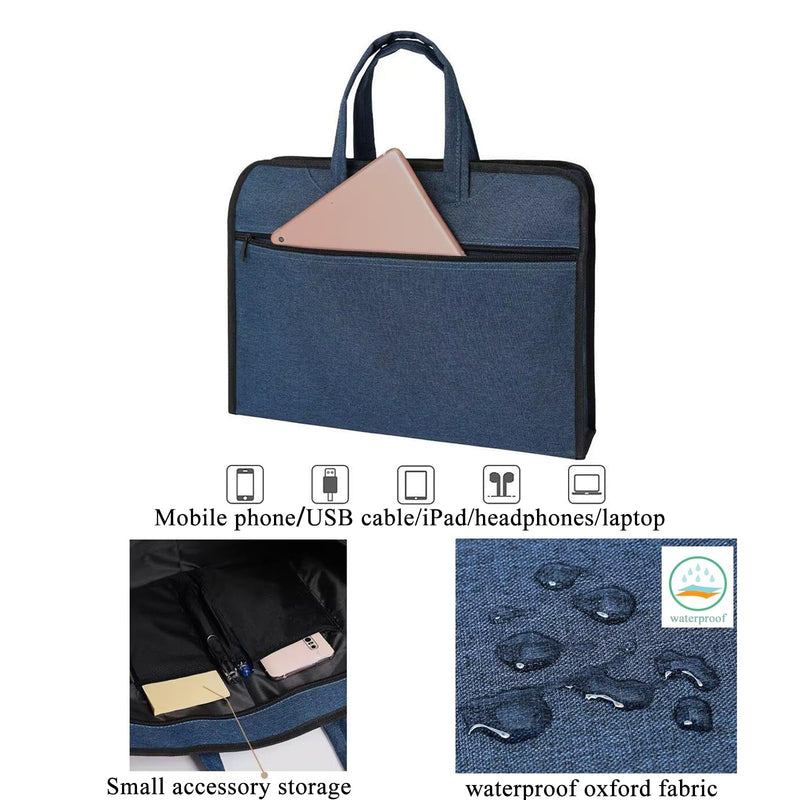 Oxford Zippered Document Bag Zippered File Bag with Handle Waterproof Portable Office Organizer File Tote Bag Pouch Blue