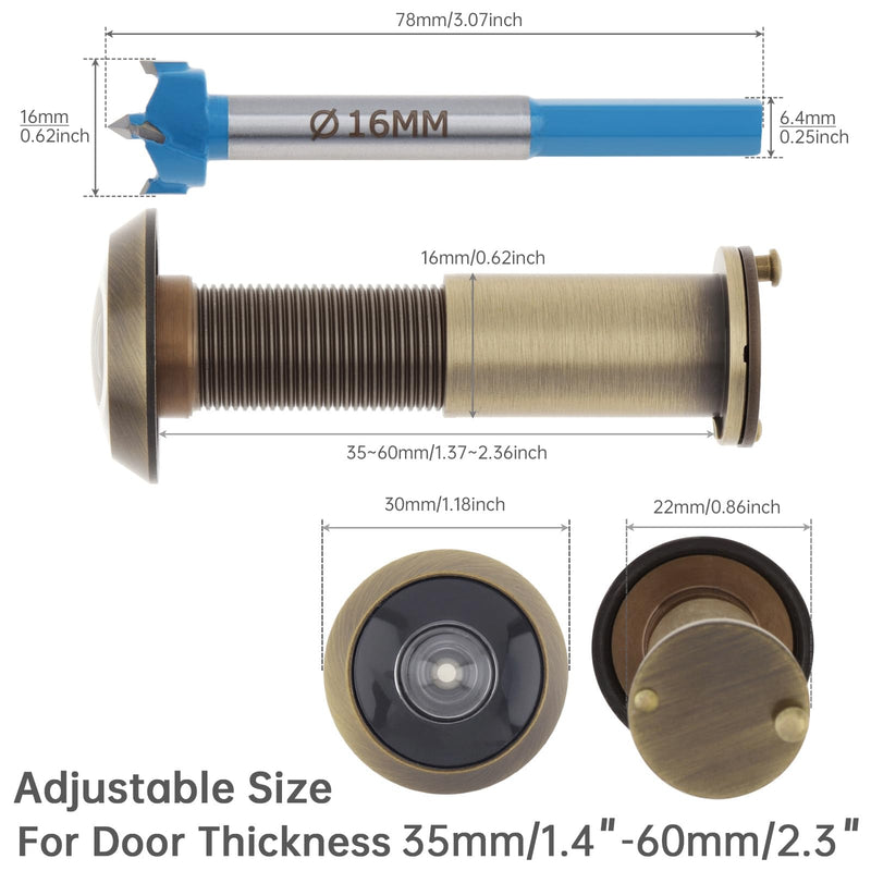 Door Viewer Peephole,200 Degree Solid Brass Peep Holes for Solid Wood Door with 16mm Drill Bit, 5/8 Inch Door Eye Viewer with Privacy Cover for 1-3/8" to 2-1/4" Doors (1, Antique Bronze)