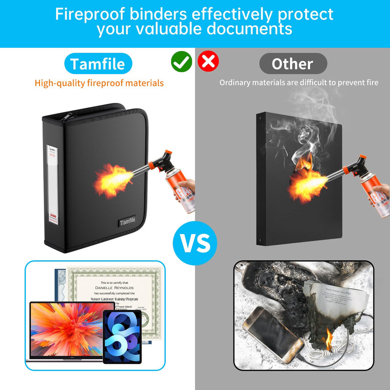 Tamfile Fireproof 3 Ring Binder with Zipper, 1.5 Inch D Ring Binder Hold Up 375 Sheets of 8.5"x11" A4 Paper, Portable Safe Storage with Large Pockets, Important File Storage for A4 Files (Black)