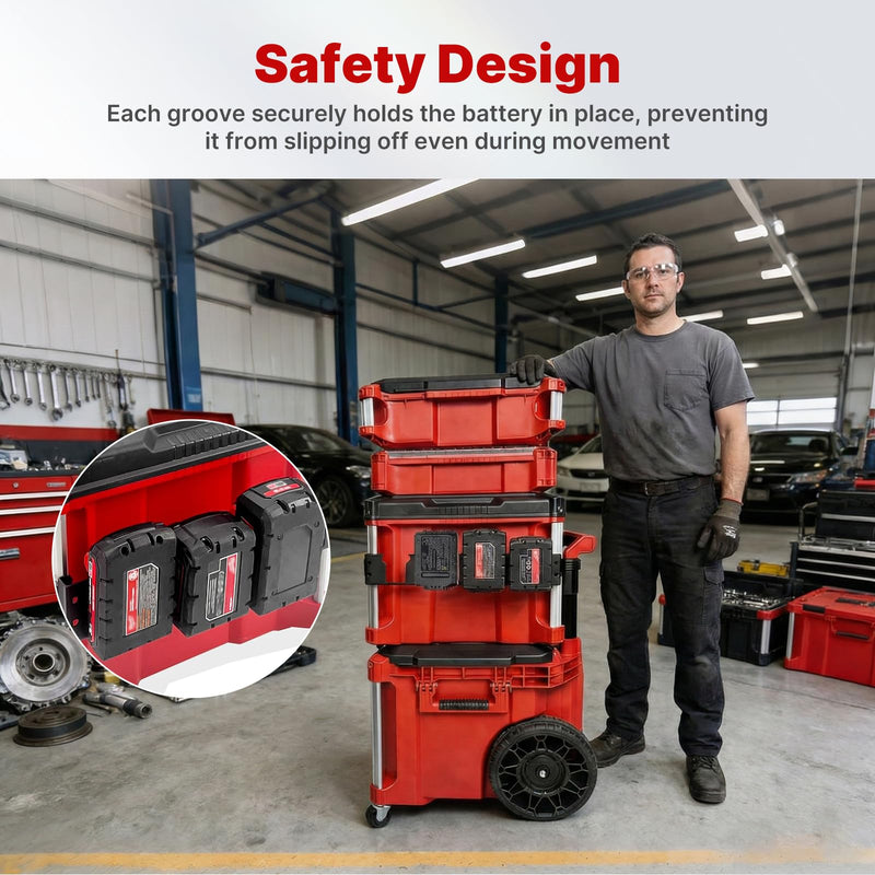 4-Slot Battery Holder Compatible with Milwaukee M18 Battery, Milwaukee Battery Holder Side Organizer with Rail Clips for Packout System, Mounted on Packout Toolbox to Secure Storage and Easy Access Black
