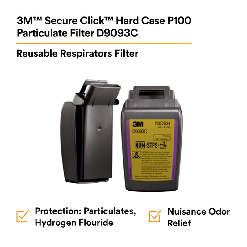3M Secure Click P100 Particulate Filter D9093C, Hard Case, 1 Pair, NIOSH