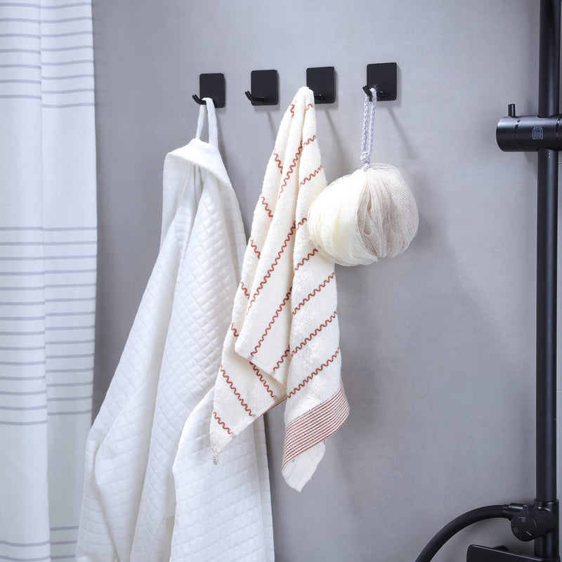 YIGII Adhesive Towel Hooks - 4 Pack Towel Hooks for Hanging Robes Coat Hooks Stick on Wall Hooks Stainless Steel, Matte Black Black-L