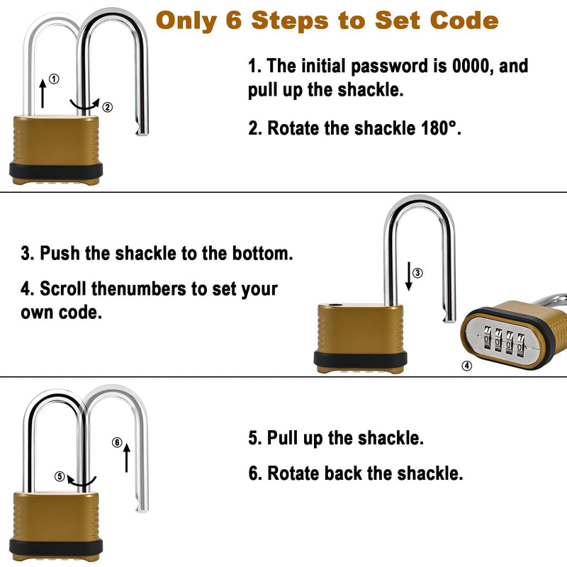 4 Digit Heavy Duty Combination Lock - 105mm Long Shackle Weatherproof Combination Padlock, Outdoor Combo Lock for Storage Units, Gym Lockers, Fence Gates & Shed Doors - Golden (2pcs, Long Shackle) 2pcs Long Shackle