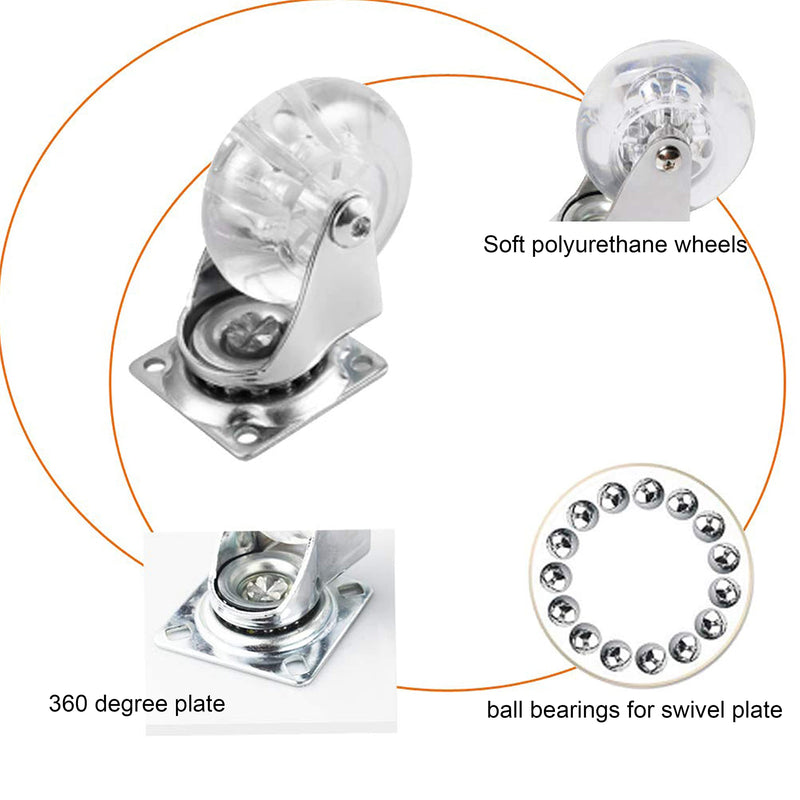 Swivel Casters Set of 4, 2 Inch Caster Wheels for Furniture, Crystal Clear Polyurethane Furniture Casters-Rolling Castors with 360 Degree Plate for Cabinet,Ottoman,Bench (500 Lbs,Screws Included) 2",4 Swivel,Clear