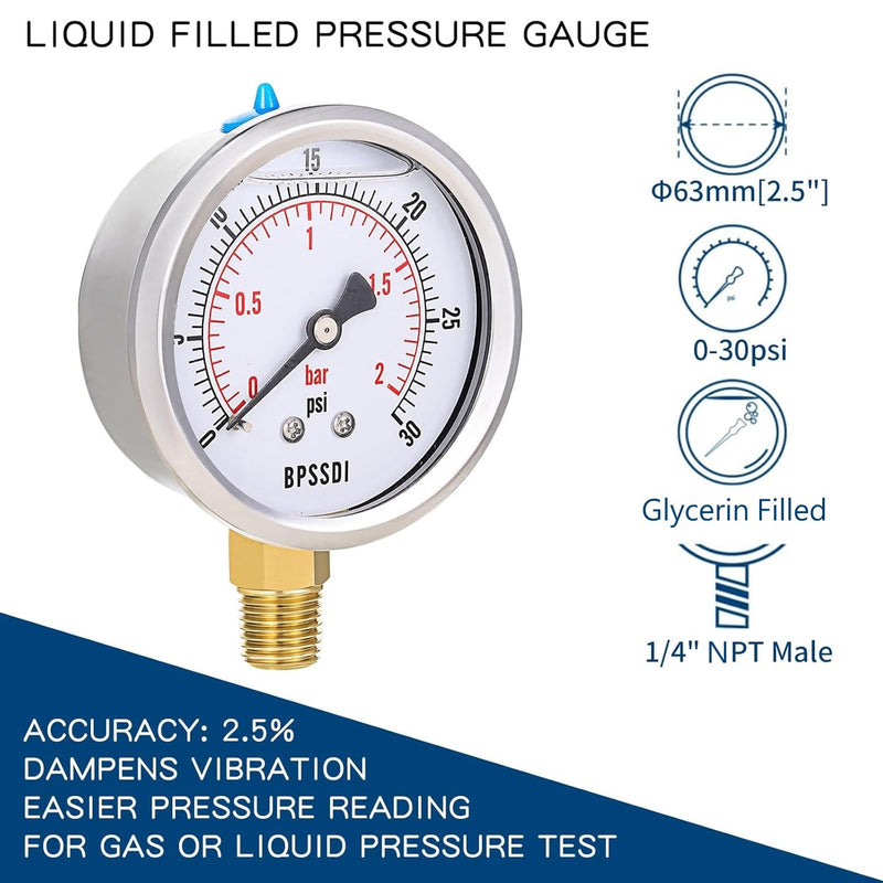 0-30 Psi Glycerin Liquid Filled Low Pressure Gauge, 2.5" Dial Size, 1/4" NPT Lower Mount, 304 Stainless Steel Case, for Water Pipe, HVAC, Water Oil Air Pressure Test 0-30psi（includes tape）
