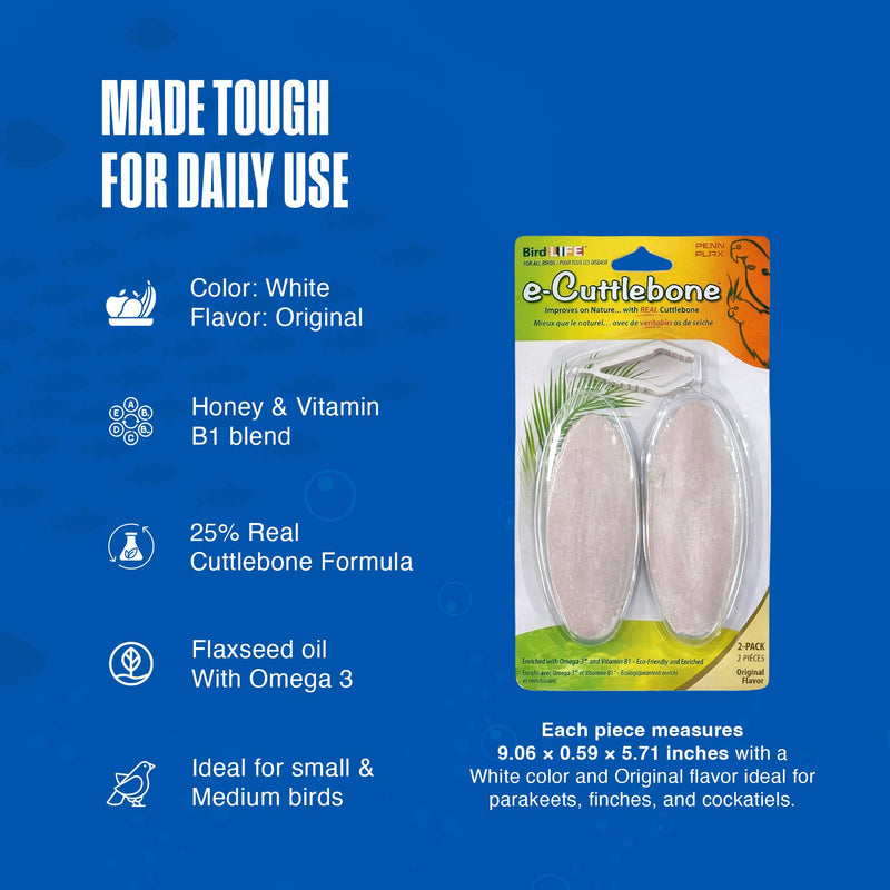 Penn-Plax Bird-Life E-Cuttlebone Original, 3 Pk (2 Count Each) - Durable, Less Brittle Cuttlebones Enriched with Omega 3, Honey & Vitamin B1 -Easy Mounting, Cage Clip - Great for All Bird Sizes -White 2 Count (Pack of 3)