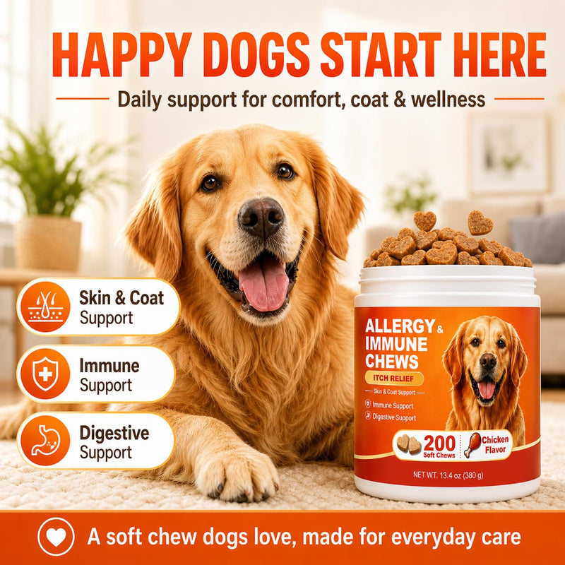 Dog Allergy Chews 200ct – Itchy Skin Relief for Dogs, Anti Itch & Immune Support,Licking Paws Treatment,Soft Chews with Colostrum,Probiotics & Vitamins,Skin and Coat Supplement for Dog Allergy Relief 1.9 g /200 Count (Pack of 1)