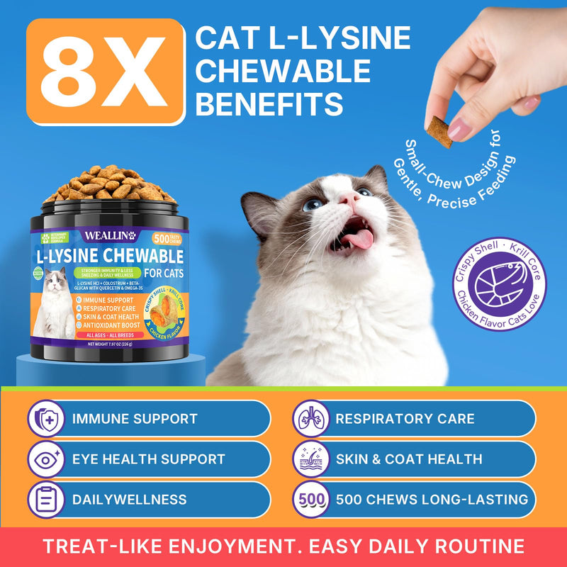WEALLIN Cat & Dog Supplement Bundle – L-Lysine Chews for Cats 500 Count with Immune Support + Dog Probiotics Chews 200 Count for Digestive & Gut Health, Chicken Flavor