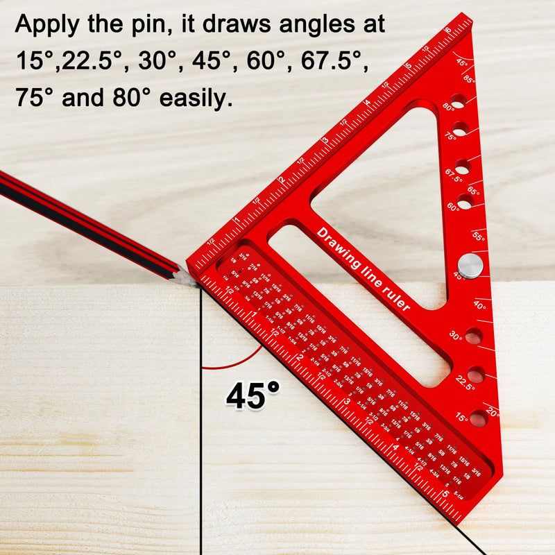 Large Carpenter Square 6.5''x5.79''Protractor Ruler with 3D Multi-Angle Measuring and Scribing Features with Anti-Lost Pin for Accurate Woodworking & Construction Red