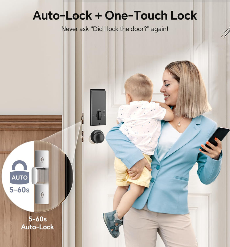 Keyless Entry Keypad Deadbolt with Handle Set, Smart Lock, Auto-Lock + One-Touch Lock, 100 Codes + 15-Min Easy Install, Ideal for Airbnb/Homes/Offices, Fits U.S. Standard Front Doors, Black Matte Black
