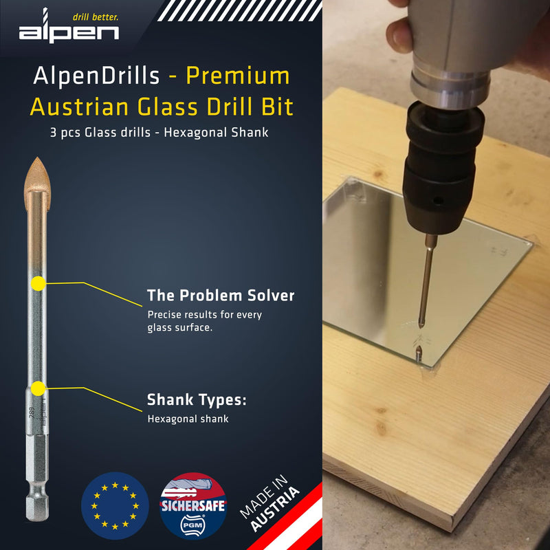 ALPEN 3-Piece Glass & Tile Drill Bit Set – Tungsten Carbide Spear Point for Ceramic Tile, Glass, Mirror & Porcelain – Clean, Chip-Free Holes – Austrian Engineering 3 PCS Set