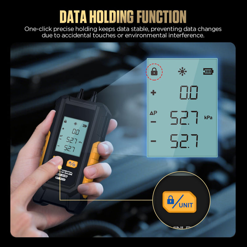 PT503 Manometer Gas Pressure Tester Dual Port Manometer Mini HVAC Gas & Air Pressure Tester, Differential Pressure Gauge with 6 Units, -100 to 200 kPa, Data Lock, Includes Adapters PT503