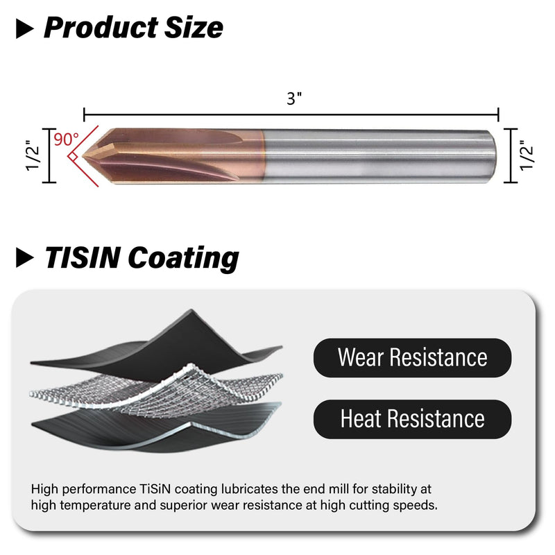 1/2" Carbide Chamfer End Mill 90 Degree - V Groove, 4 Flutes TISIN Coating Mill Bits Sets for Alloy Steels, Hardened Steels 1 1/2" 90°
