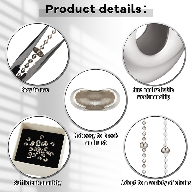 Henoyso 24 Pcs Bead Chain Stop 7 mm Large Beaded Chain Stopper Metal Blind Control Ball Physical Crimp Stopper for Sizes 6 or 8, Silver