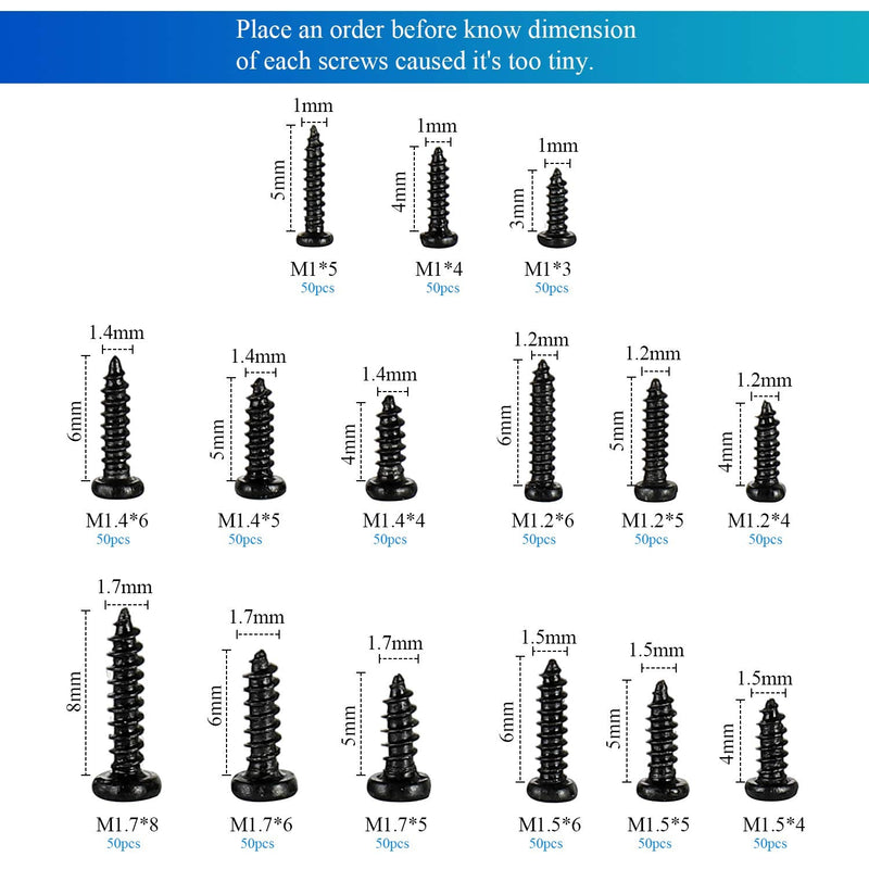 750pcs Black Tiny Screws for Electronics, M1, M1.2, M1.4, M1.5, M1.7 Very Small Phillips Pan Head Self Tapping Screws, Micro Wood Screws, Mini Electronic Screws Assortment Kit-Carbon Steel Black:M1-M1.7 Tiny Screws