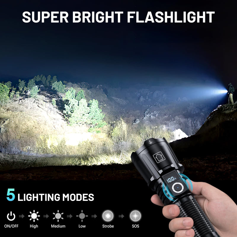 Rechargeable Flashlights 4000.000 High Lumens, Super Bright Flashlight High Powered Tactical Flashlight, 6 Modes with LCD Power Display, Zoomable, Waterproof Handheld Flash Light for Emergency
