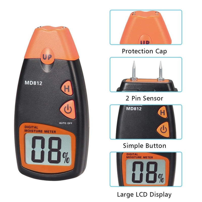 Wood Moisture Meter, MD-812 Digital Moisture Tester- Wood Moisture Detector for Firewoods 2-Pin Sensor(Range 5% - 40% RH; Accuracy: 1%)