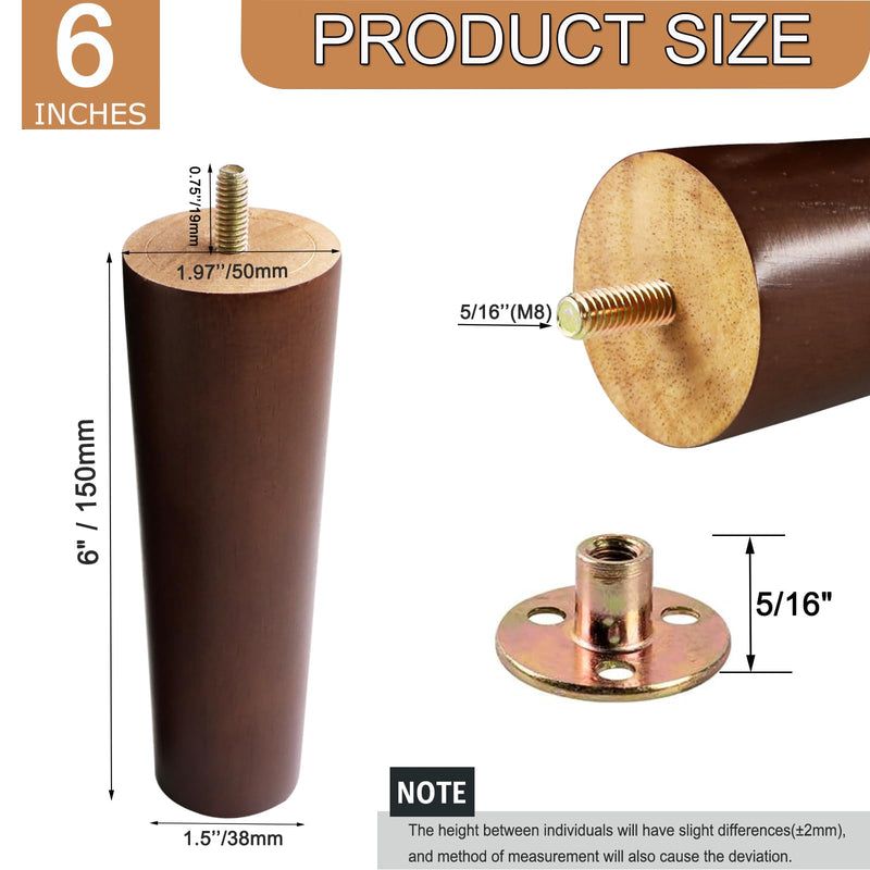6 Inches Round Solid Wood Furniture Legs Set of 4, Brown Wooden Replacement Feet with Threaded 5/16'' Hanger Bolts for Sofa, Couch, Armchair, Cabinet, TV Stand, Ottoman and Dresser Round 6 inch (Brown)