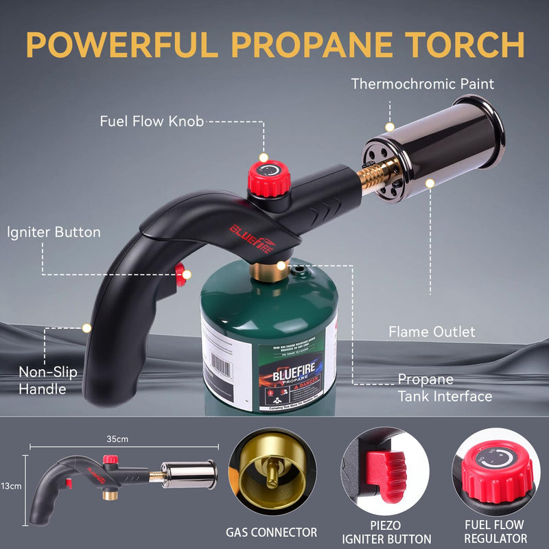 Bluefire 3272℉ Propane Torch, 50mm Wide Nozzle Powerful Grill Gun with Auto Ignition, High-Output Flame Thrower for BBQ, Charcoal, Sous Vide, Steak & Campfire(Tank Not Included)