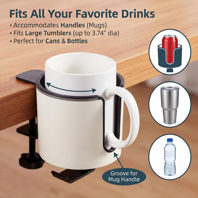 GUNKING Luxury 2-in-1 Anti-Spill Cup Holder with Under Desk Headphone Hanger (White) WHITE