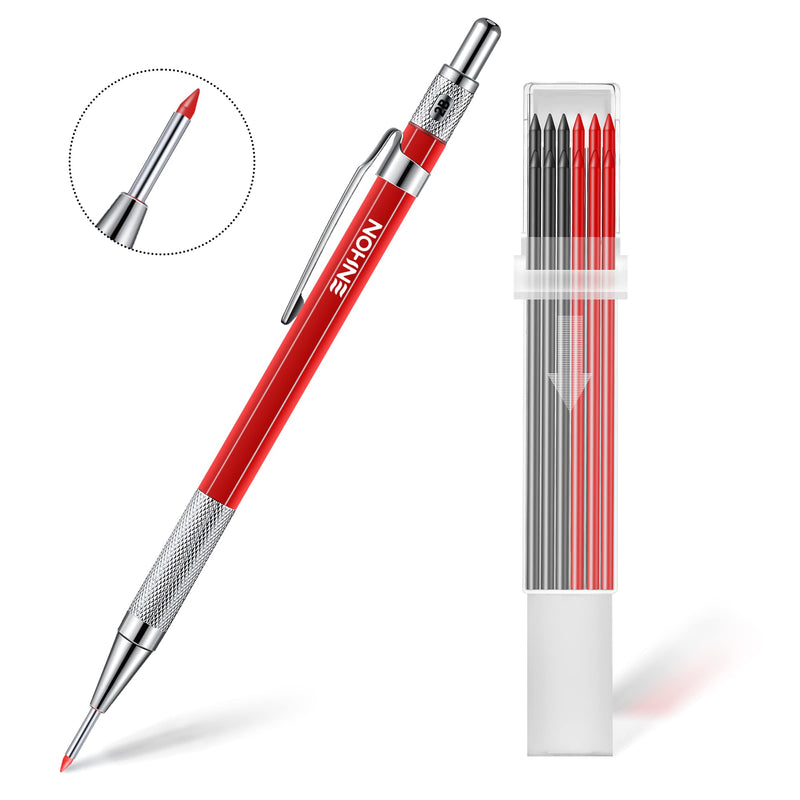 Enhon 2mm Mechanical Carpenter Pencil Set with 12 Marker Refills and Sharpener, Woodworking Marking Tool Solid Deep Hole Construction Pencil, Extended Needle-Nose Tip for Use in Jobs (Black, Red) Black, Red